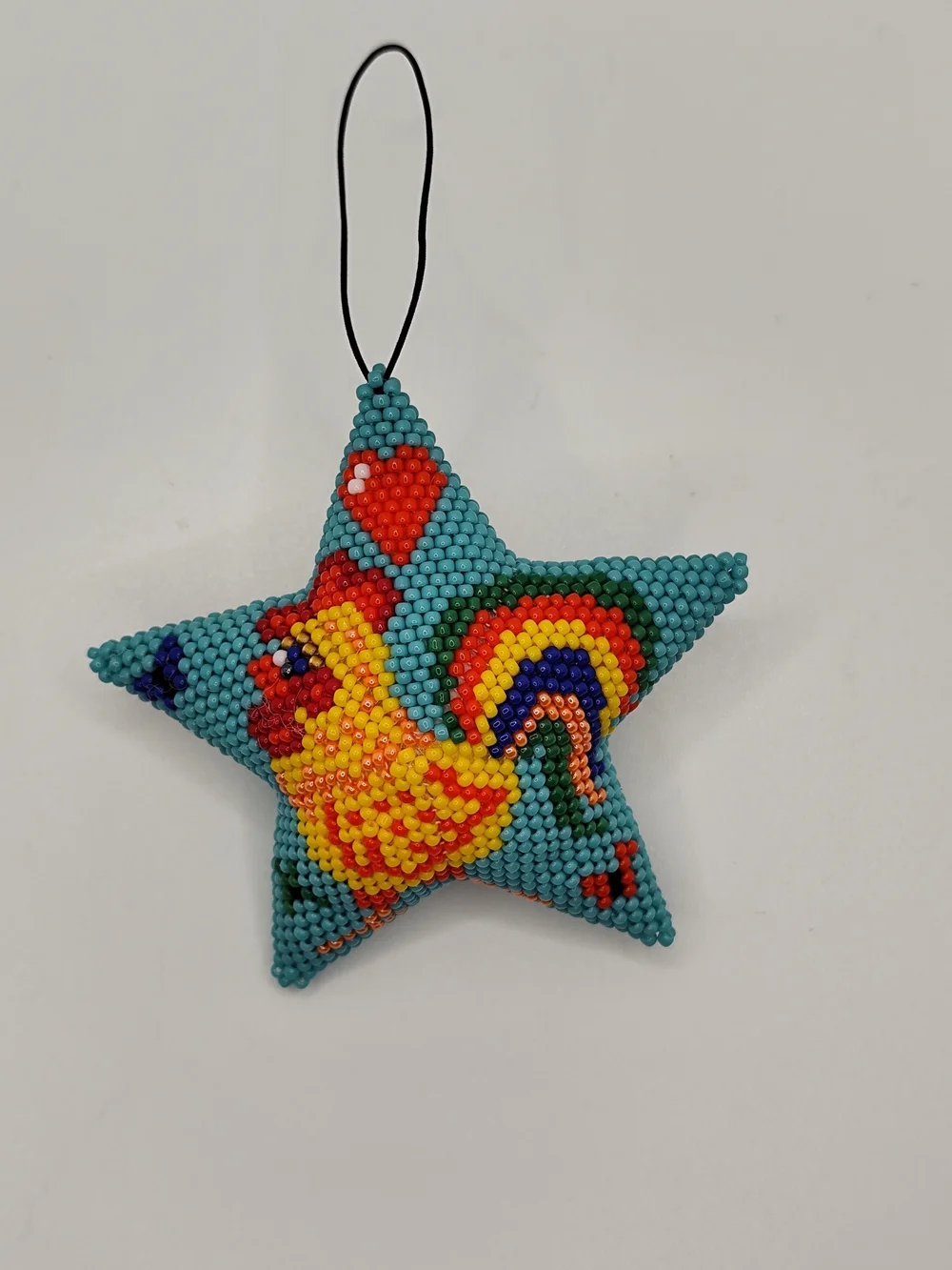 Handmade Turquoise Star Ornament with Beaded Chick Motif